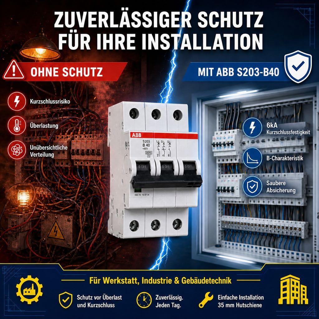 ABB S203-B40 Leitungsschutzschalter 3-polig 40A B-Charakteristik, LS-Schalter 6kA Sicherungsautomat für Drehstrom, Automaten Sicherung für Hutschiene, System pro M compact, 2CDS253001R0405