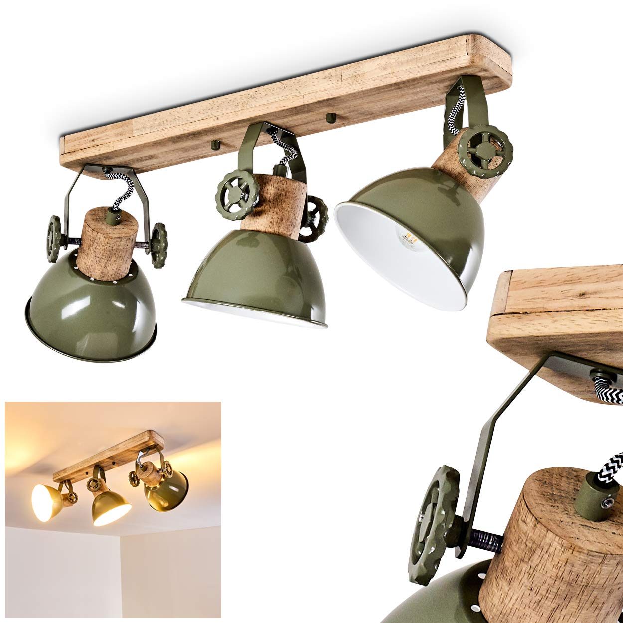 Ceiling lamp Orny, Metal/Wood Ceiling lamp in Green/White/Brown, 3-Flame, with Adjustable spotlights, 3 x E27 Socket, Retro/Vintage Design Spotlight, Without Bulbs