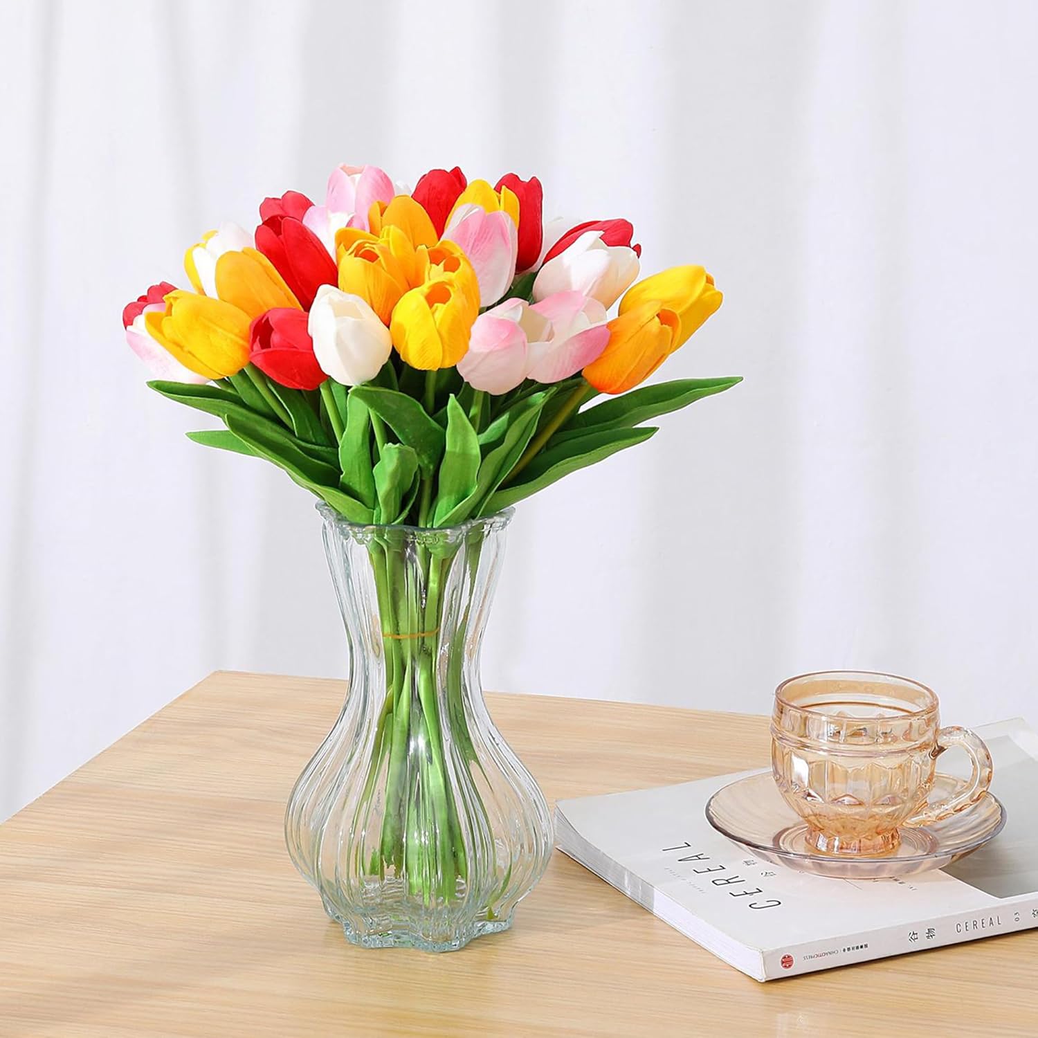 SITUMEIZI 15 Pcs Fake Tulips & 6 Pcs Cherry Bloossom Branches(Not Vase)