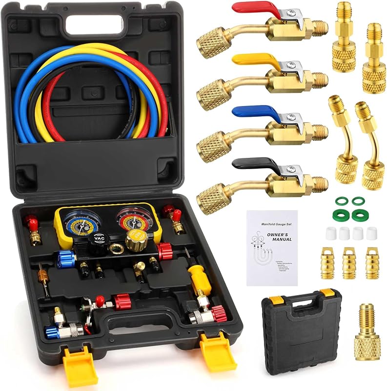 Tellegloww Juego de manómetros HVAC para refrigerante R22 R32 410A 134A con kit de manguera, 4 válvulas de bola compactas en ángulo para refrigerante y 4 adaptadores R410A hembra a macho para sistema dividido de aire acondicionado