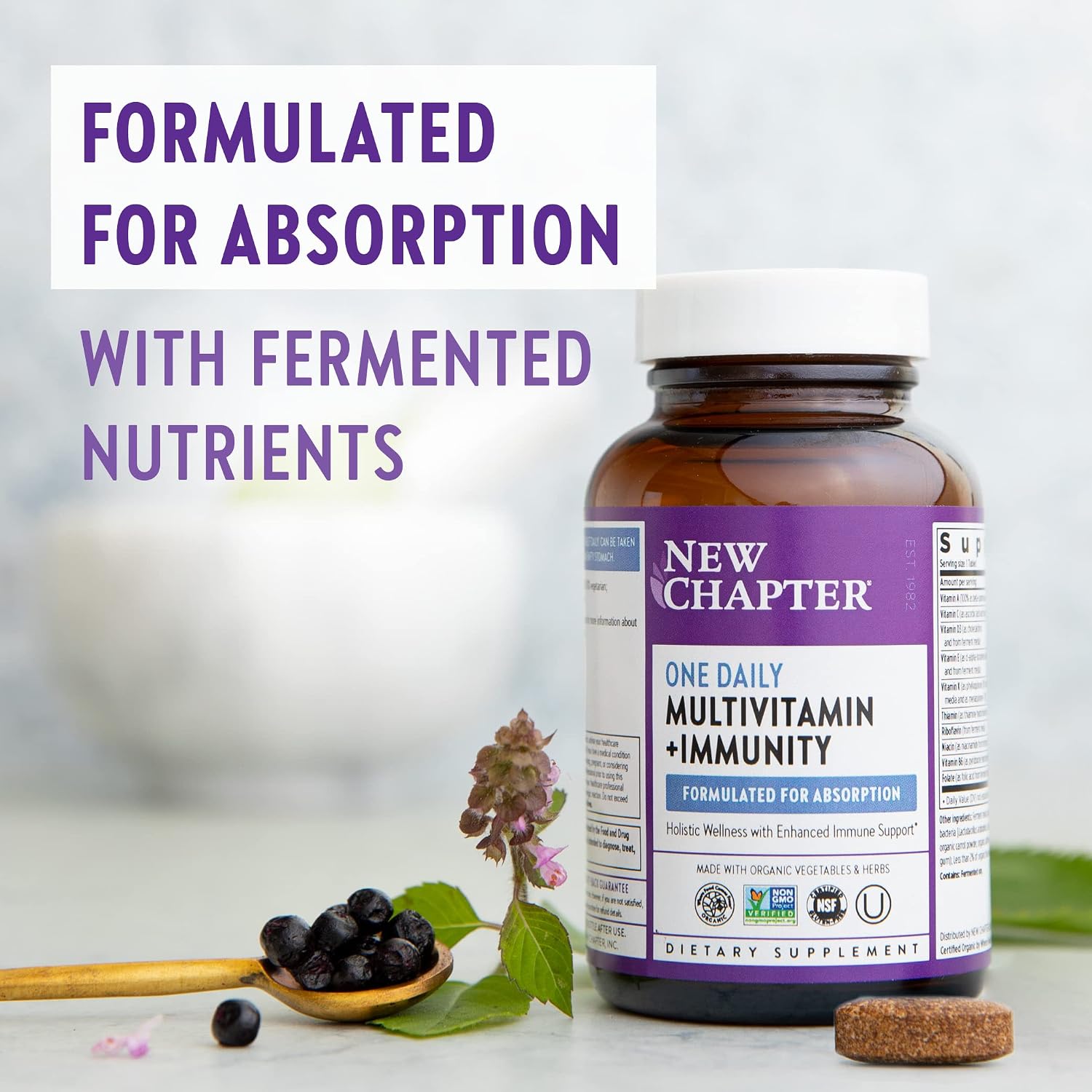 New Chapter® One Daily Multivitamin + Immunity – Enhanced Immune Support from Extra Vitamin C, D3 & Zinc + Clinical-Strength Holy Basil* 100% Vegetarian, Non-GMO, Certified Gluten Free