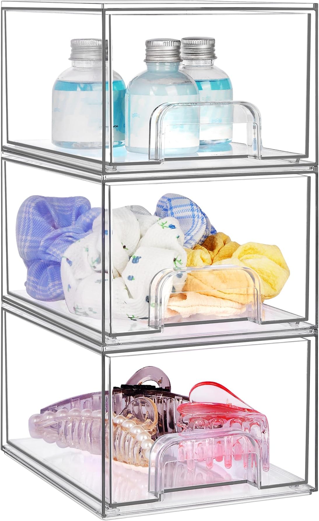 Vtopmart 3 Pack Stackable Makeup Organizer Storage Drawers, 4.4'' Tall Acrylic Bathroom Organizers，Clear Plastic Storage Bins For Vanity, Undersink, Kitchen Cabinets, Pantry Organization and Storage