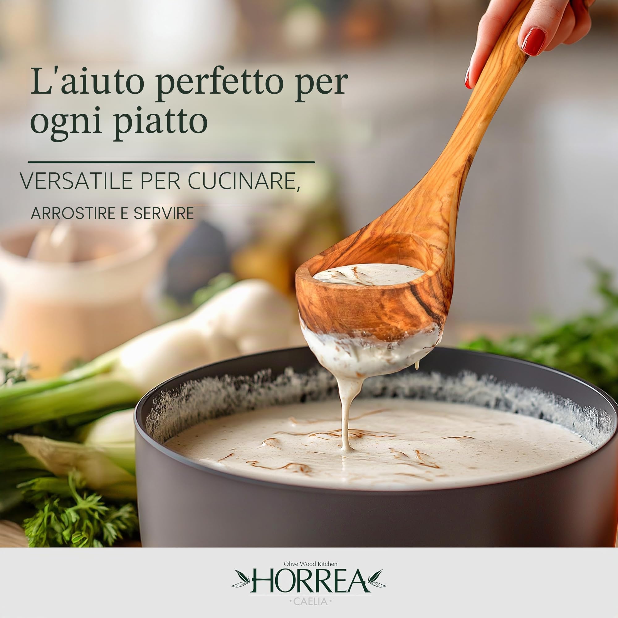 HORREA CAELIA - Set di 7 cucchiai, realizzato a mano in legno d'ulivo, spatola, mestolo, mestolo, cucchiaio, forchetta da insalata, cucchiaio, spatola con contenitore in legno d'ulivo, sostenibile