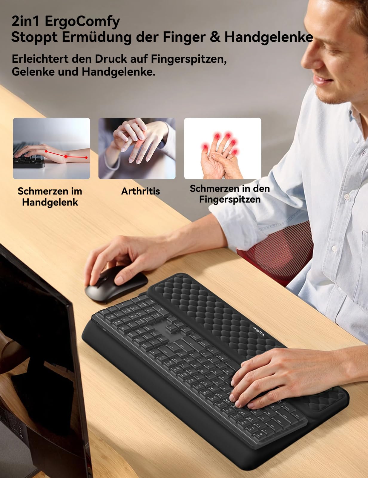 VAYDEER Handballenauflage mit Tastaturständer ｜430 * 237mm｜Ergonomische Tastaturablage mit weichem Memory-Schaum｜Tastaturhalter & Handgelenkauflage für Büro, Zuhause und Schule, Schwarz