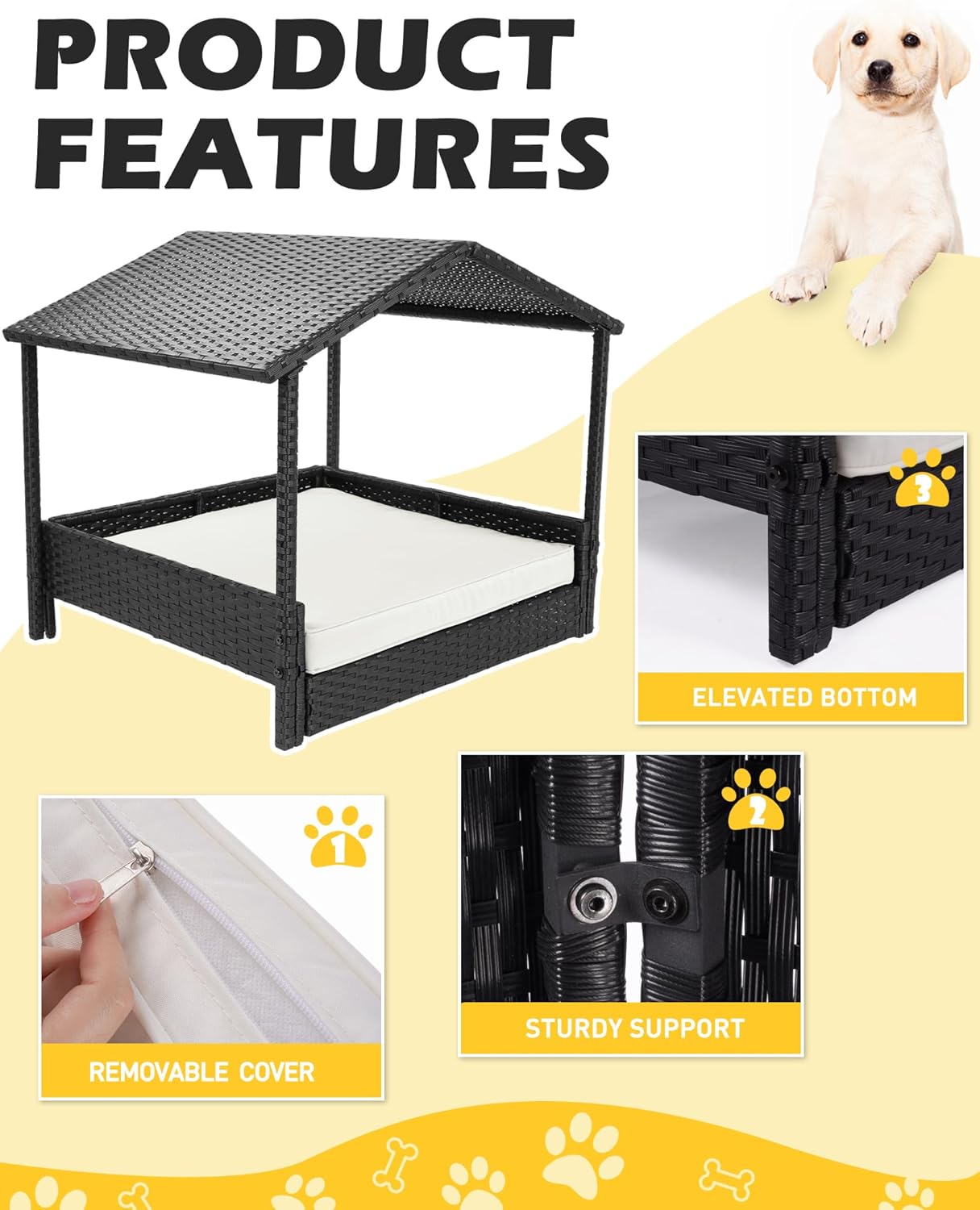 2-in-1 Outdoor Dog House, Rattan Dog Bed for Indoor/Outdoor with Removable Canopy, Removable Cushion &2 Covers, Elevated Raised Rattan Dog Bed for Small to Medium Dogs (White + Grey Covers)