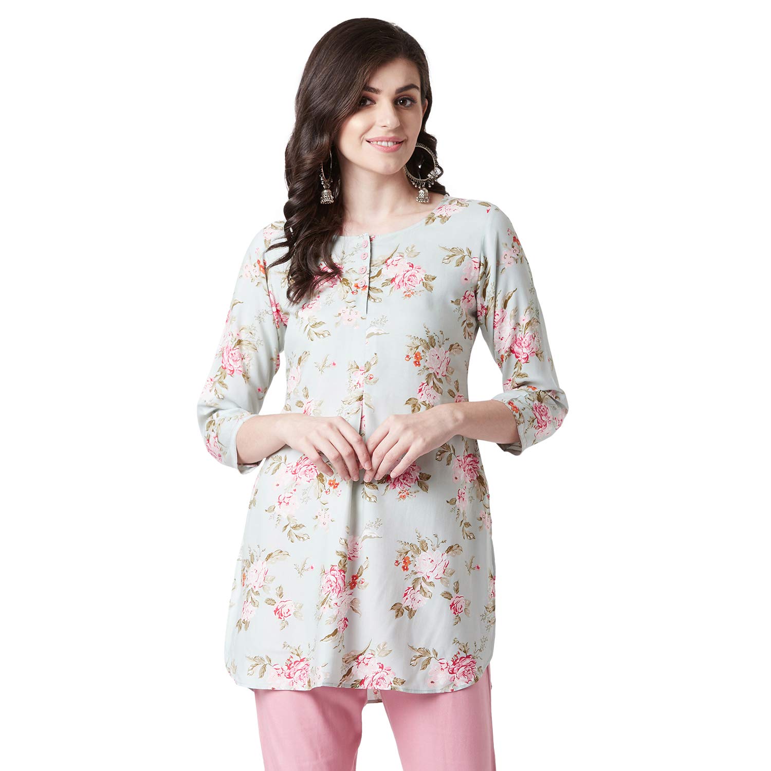 Tissu Women's Sage Green & Pink Floral Printed Kurti 2027_Green_L