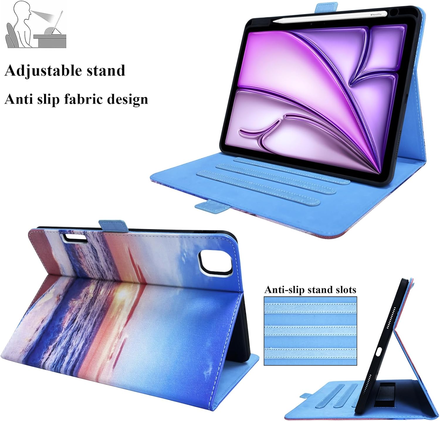 for iPad Air 11 inch Case M3 2025/M2 2024 & iPad Air 5th/4th Gen 10.9" & iPad Pro 11 inch Case 4th/3rd/2nd/1st Gen with Pencil Holder/Stand/Hand Strap,Auto Wake/Sleep, Beach Sunrise Sea