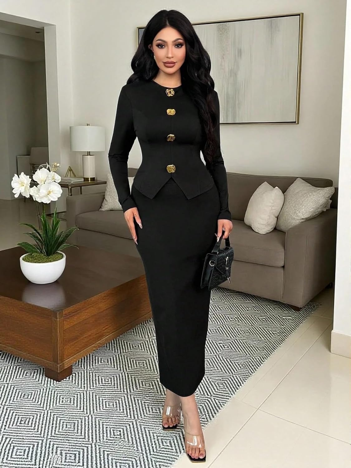 Women Long Sleeve Round Neck With Gold Button Detail And Matching Bodycon Midi Skirt Set