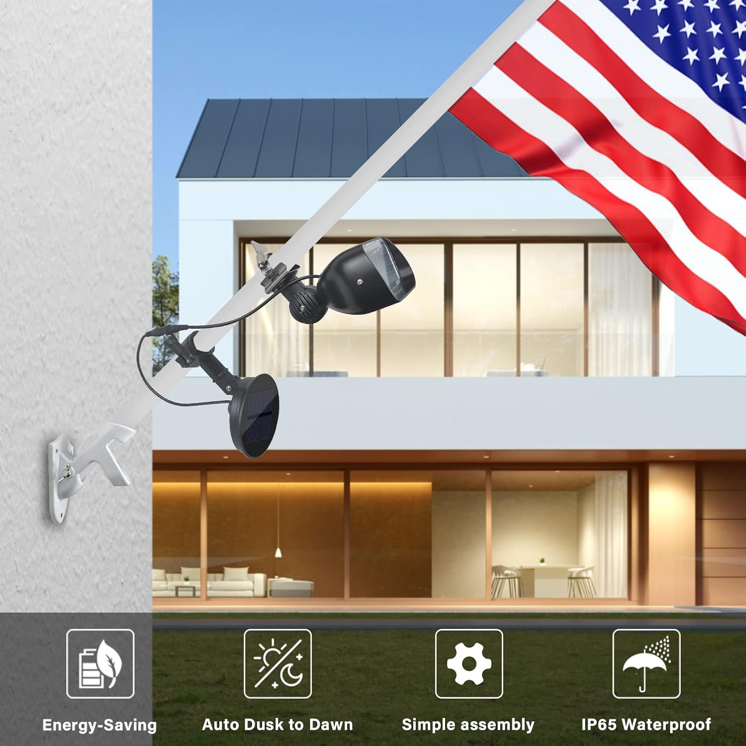 Solar Flag Pole Light, 4 Super Large & Bright Flag Lights, 360°Adjustable Flagpole Light Solar Powered Fits 1”-1.5” Flag Poles, IP65 Waterproof