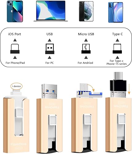Miniatura 2 de GNASEET Unidad flash USB de 256 GB para teléfono y almohadilla, memoria USB externa de alta velocidad para guardar más fotos y videos (dorado, 256