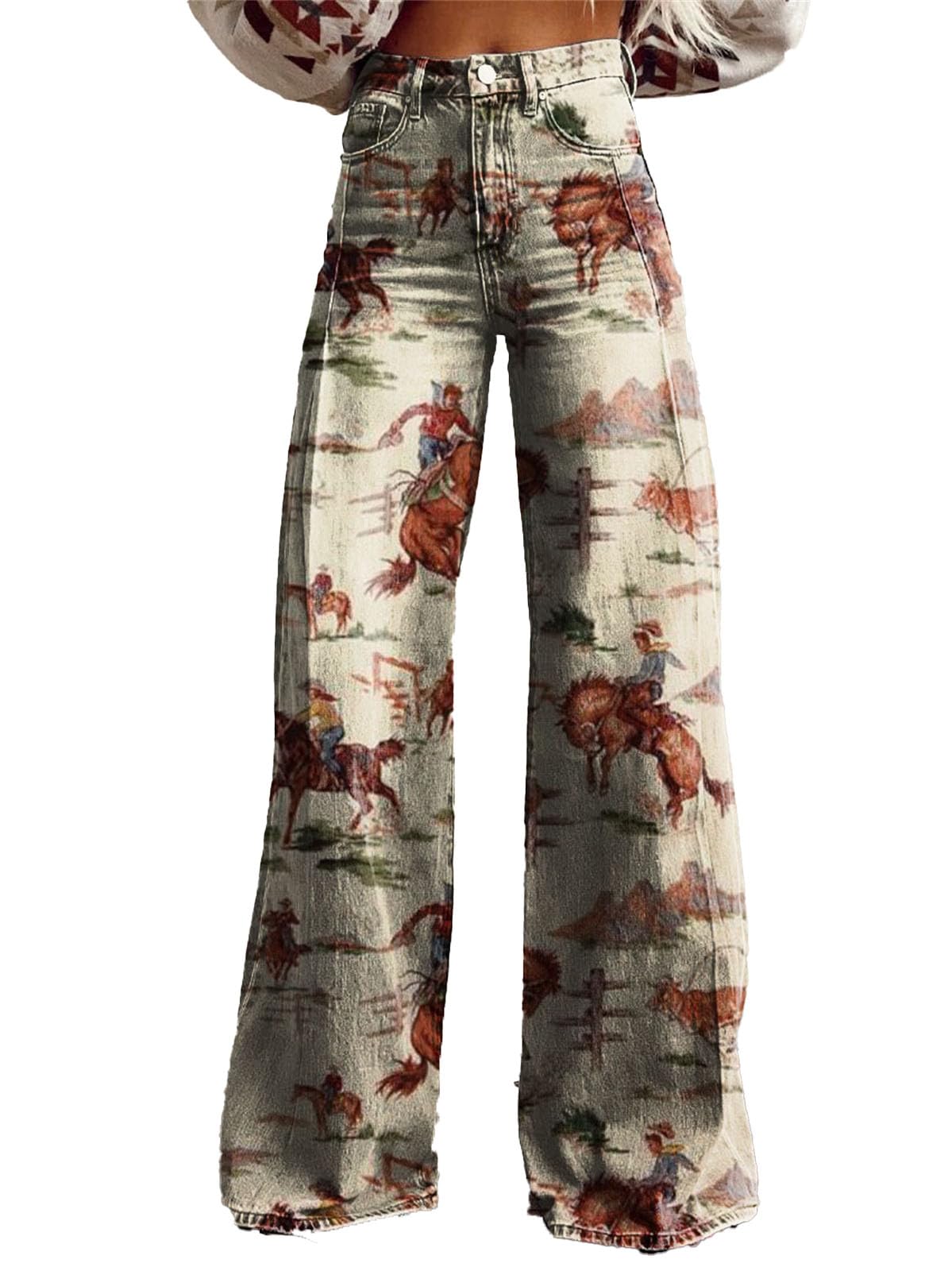 Womens Vintage Boho Floral Print Jeans - Mid Waisted Wide Leg Baggy Flare Pants with Pockets