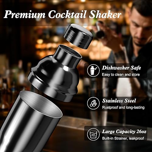 Miniatura 3 de Juego de coctelera con soporte de bambú, kit de 26 piezas de barman de 25 onzas, juego de herramientas de barra de Martini para mezclar bebidas,