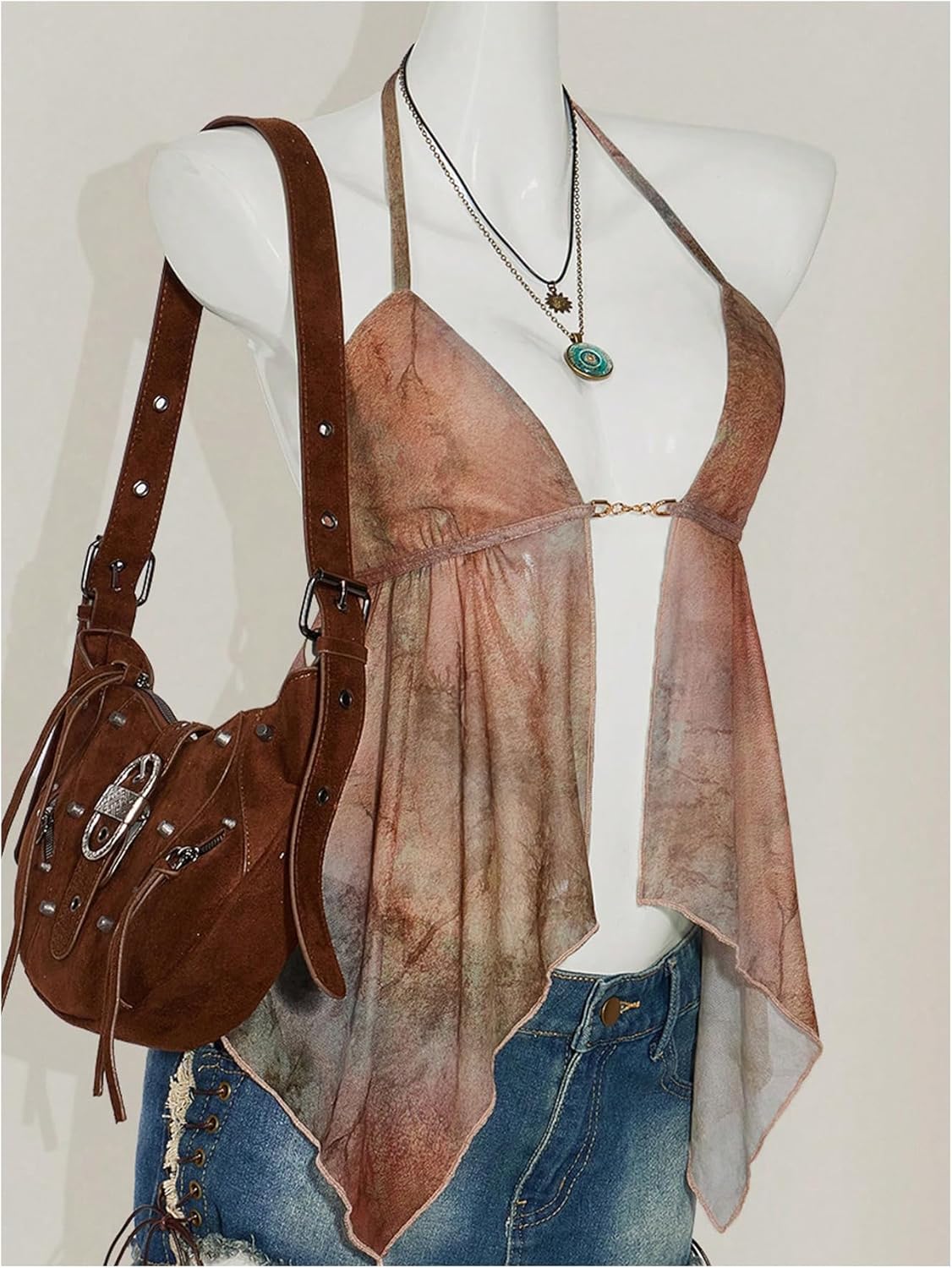 MakeMeChic Women's Summer Party Y2K Mesh Sheer Tie Dye Halter Cami Top Open Back Ruffle Crop Tops - Image 3