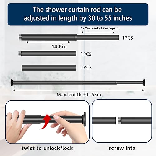 Miniatura 2 de Barra de cortina de ducha, barra de cortina retráctil 30-55 pulgadas. Barra de ducha de metal grueso, instalación no perforada, barra para ventanas