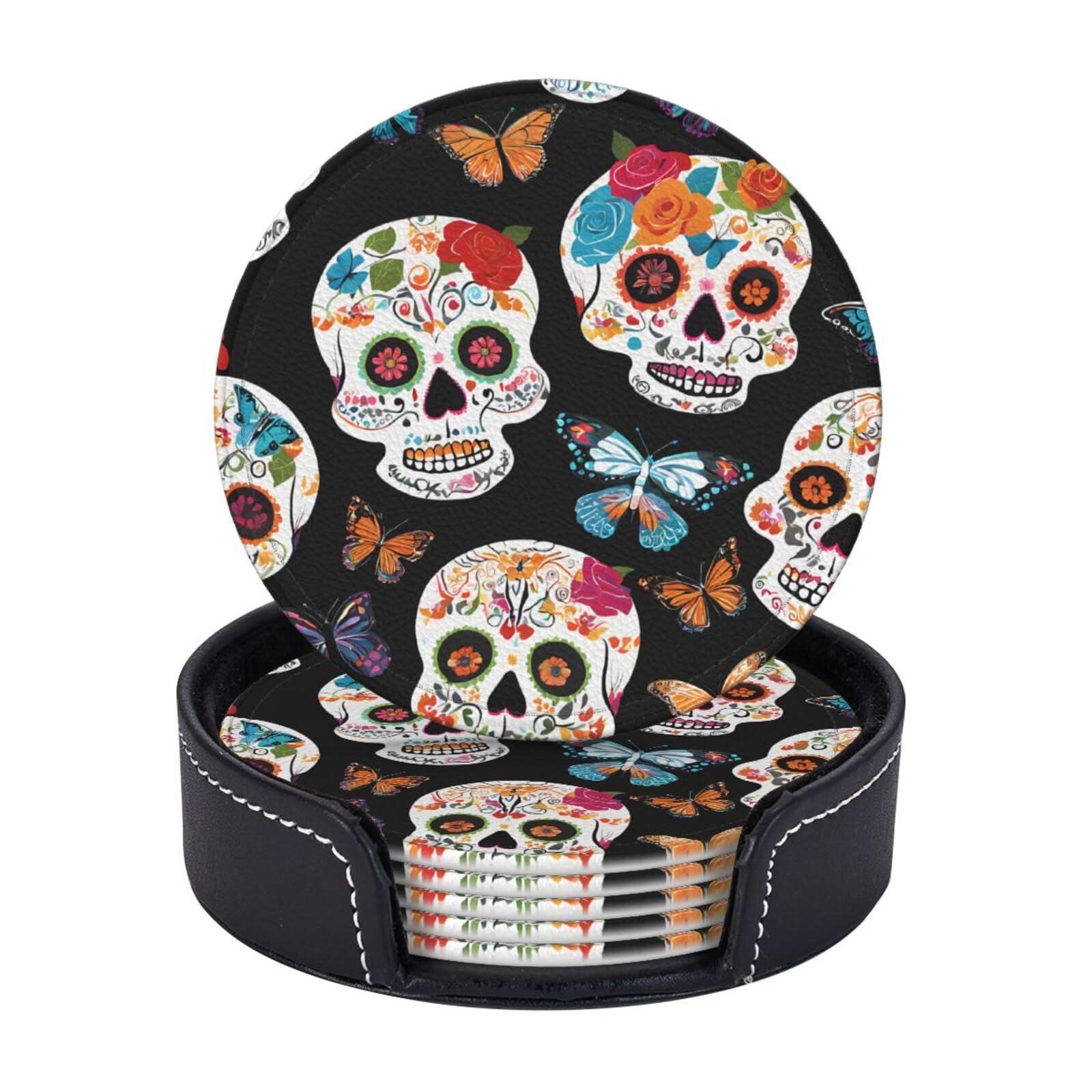 Coasters Set of 6 Microfiber PU leather Coasters with Holders for Drinks Coffee Bar Accessories, House Apartment Coffee Table Decor, Housewarming Gifts - skulls