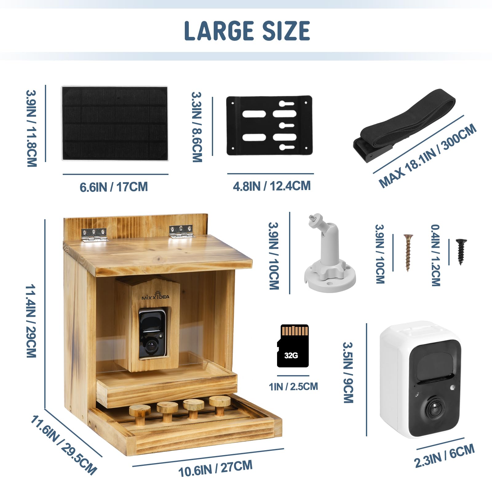 MIXXIDEA Eichhörnchen-Futterspender aus Holz mit Kamera, Smart Eichhörnchen Feeder mit Solarpanel, KI-Identifikation, 2K HD+ Video, Cloud-Speicher, große Kapazität, ideal für Eichhörnchenliebhaber