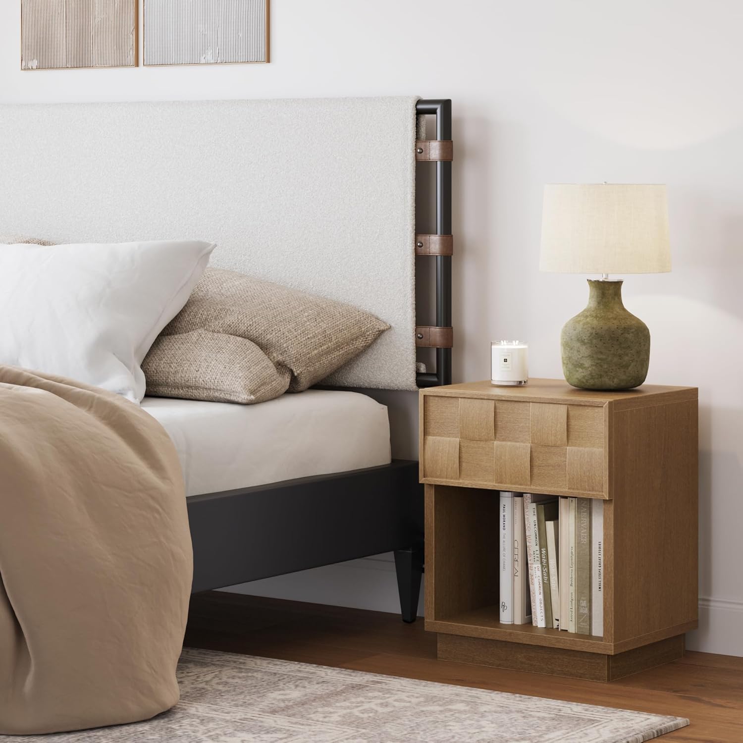 Nathan James Paige Mid Century Modern Nightstand with 1 Drawer, Rustic Bedside Table with Sculpted Drawer Front and Open Bottom Shelf, Light Brown