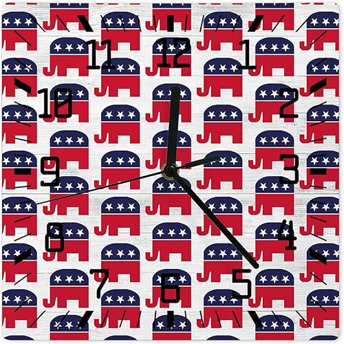 Elephant 4th of July Wooden Wall Clock Silent Non Ticking, Ameican Flag Star Square Wall Clock Battery Operated, Decor Clock for Home Office, Living