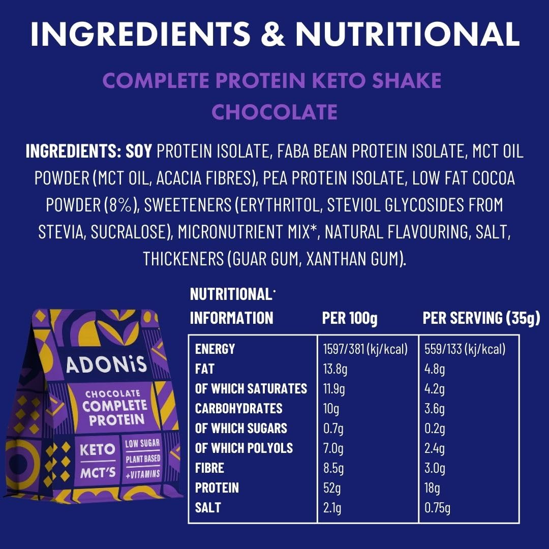 ADONiS Schoko Protein Keto Shake - Gusto cremoso al cioccolato – Basso contenuto di carboidrati, proteine di alta qualità per la costruzione muscolare e la rigenerazione – Perfetto per la dieta Keto e