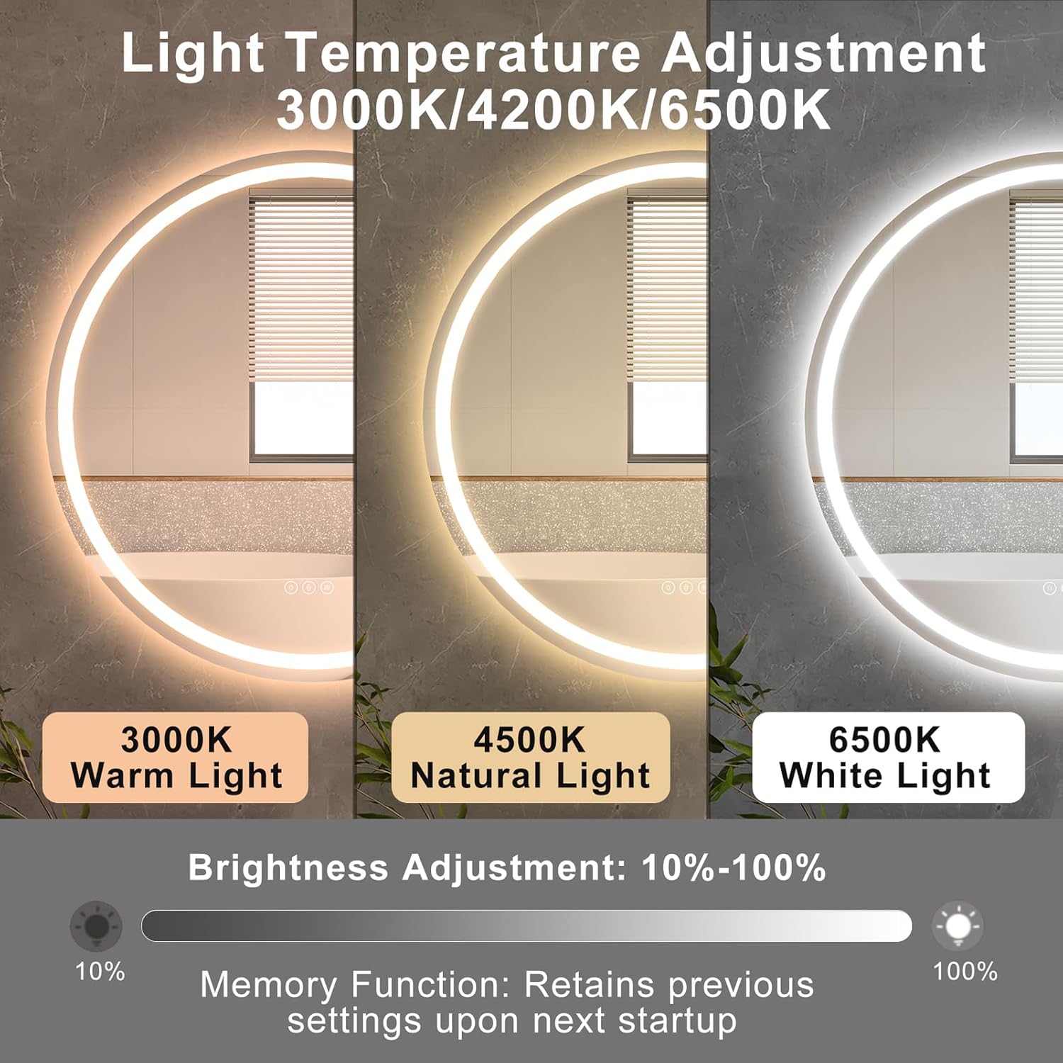 Smart Led Bathroom Mirror, Shower Fogless, Light Up Vanity Mirror for Makeup Shaving, 3 Color Temperatures, Brightness Adjustment, Memory Function, Tempered Glass