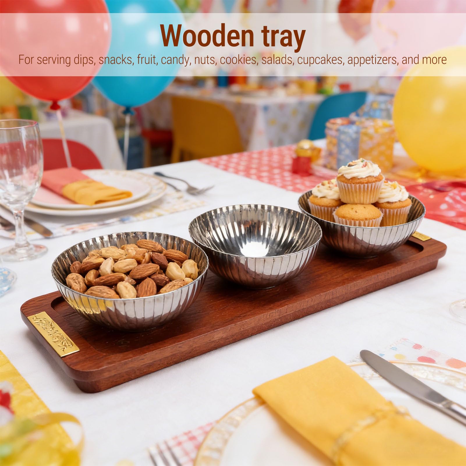 Set 3 Ciotole Per Snack Con Vassoio In Legno, Ciotole Piccole Per Salse In Acciaio Inossidabile, Ideali Per Condimenti Contorni Noci Dessert Compleanni Feste Matrimoni Decorazioni