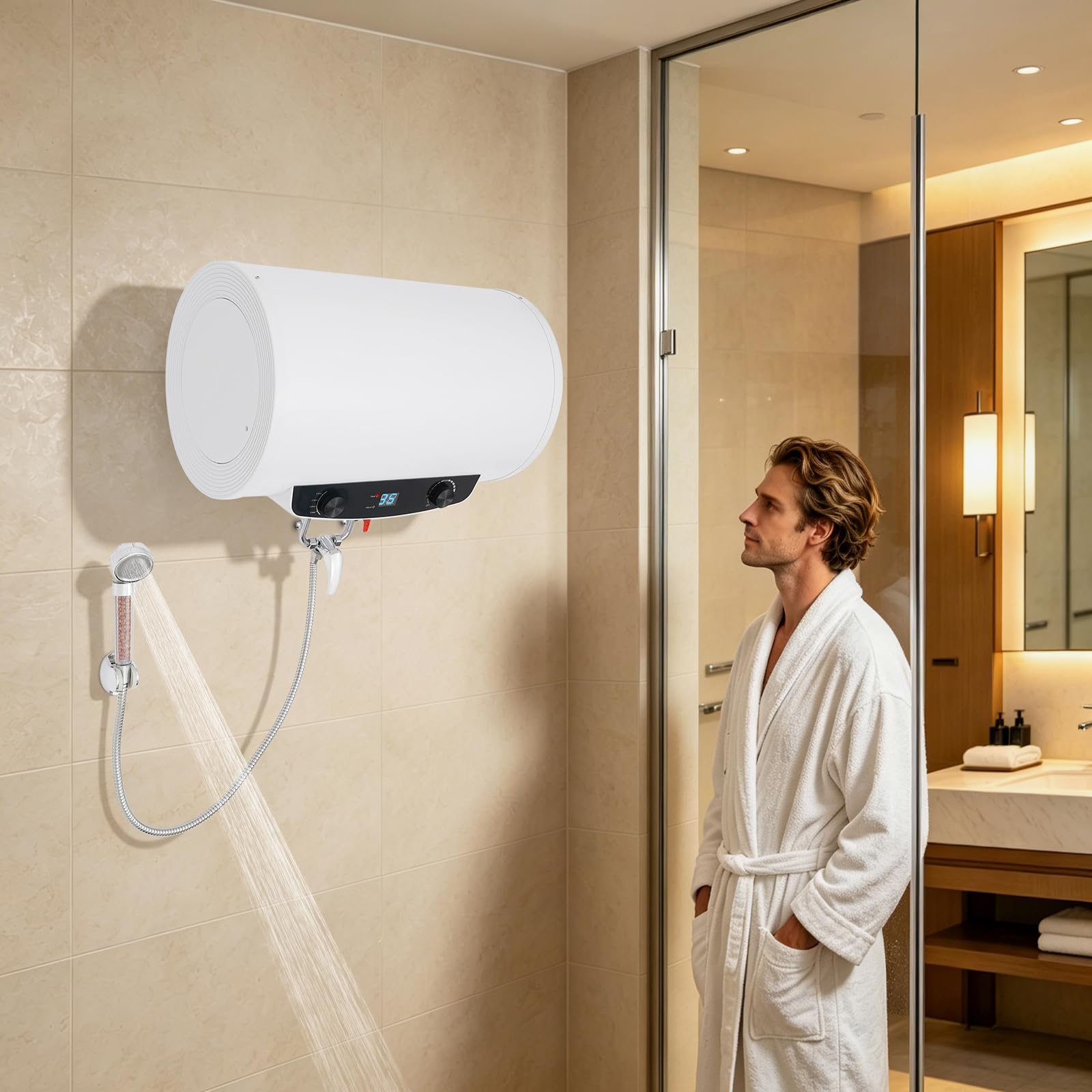 Scaldabagno elettrico da 35 l, 2000 W, montaggio a parete, con indicatore LED, 3 livelli di calore (35-75 °C), IPX4, serbatoio interno in acciaio inox, soffione doccia, per bagno, appartamento, salone