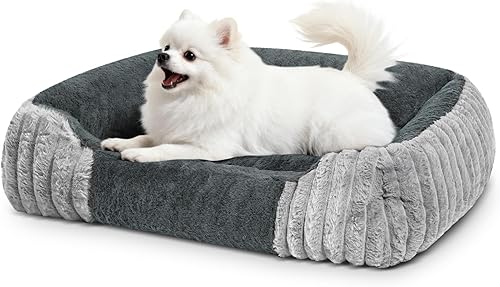 Camas para perros pequeños de 28 x 20 pulgadas, cama ortopédica para perros con espuma viscoelástica triturada transpirable, cama de piel sintética