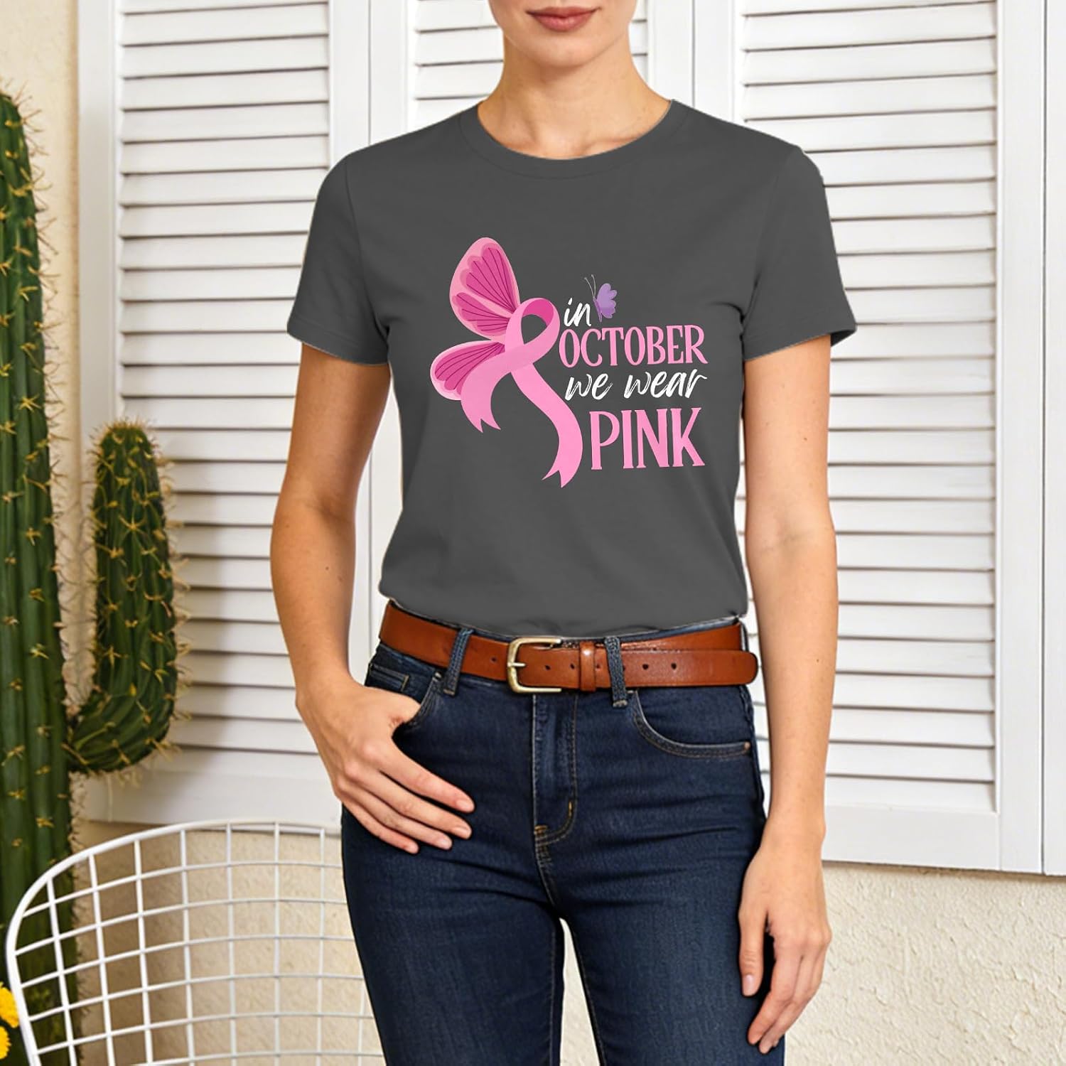 Breast Cancer Awareness Pink Butterfly Tee - October Women's Short Sleeve Shirt — view 4