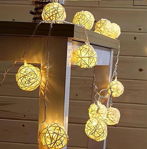 Miniatura 1 de Guirnalda de luces de hadas de bola de ratán de 9.8 pies y 20 pies enchufable, iluminación cálida romántica flexible para decoración del hogar