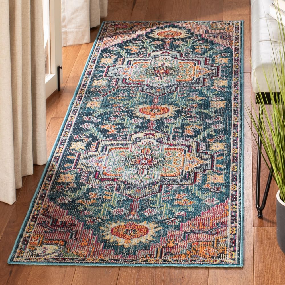 SAFAVIEH Crystal Collection Runner Rug - 2'2" x 11', Teal & Rose, Medallion Distressed Design, Non-Shedding & Easy Care, Ideal for High Traffic Areas