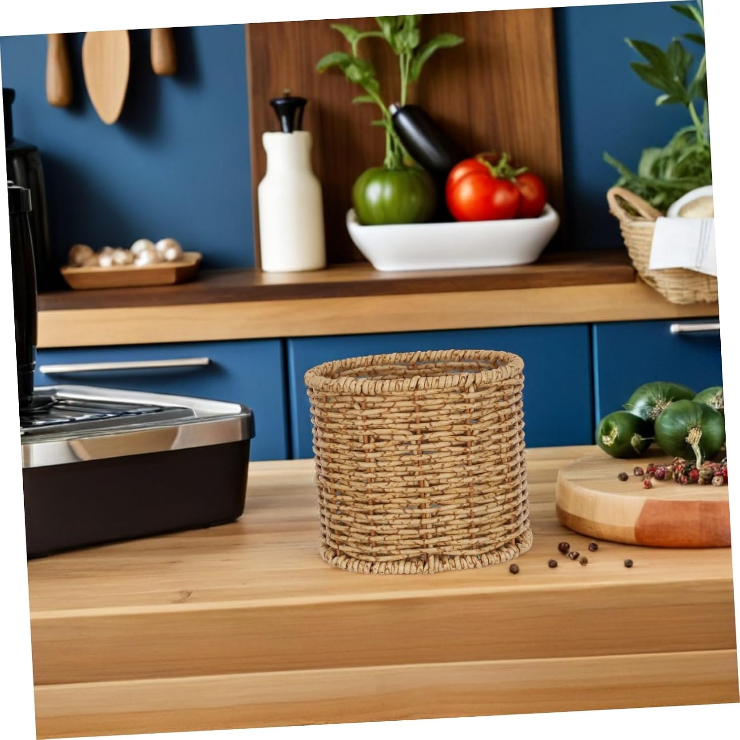 VICASKY Brown Oval Chopstick Holder Container with Wicker Look, Versatile Utensil Storage Rack for Spoons and Forks, Stylish Plastic Rattan and Metal Rack for Kitchen Countertop and Dining