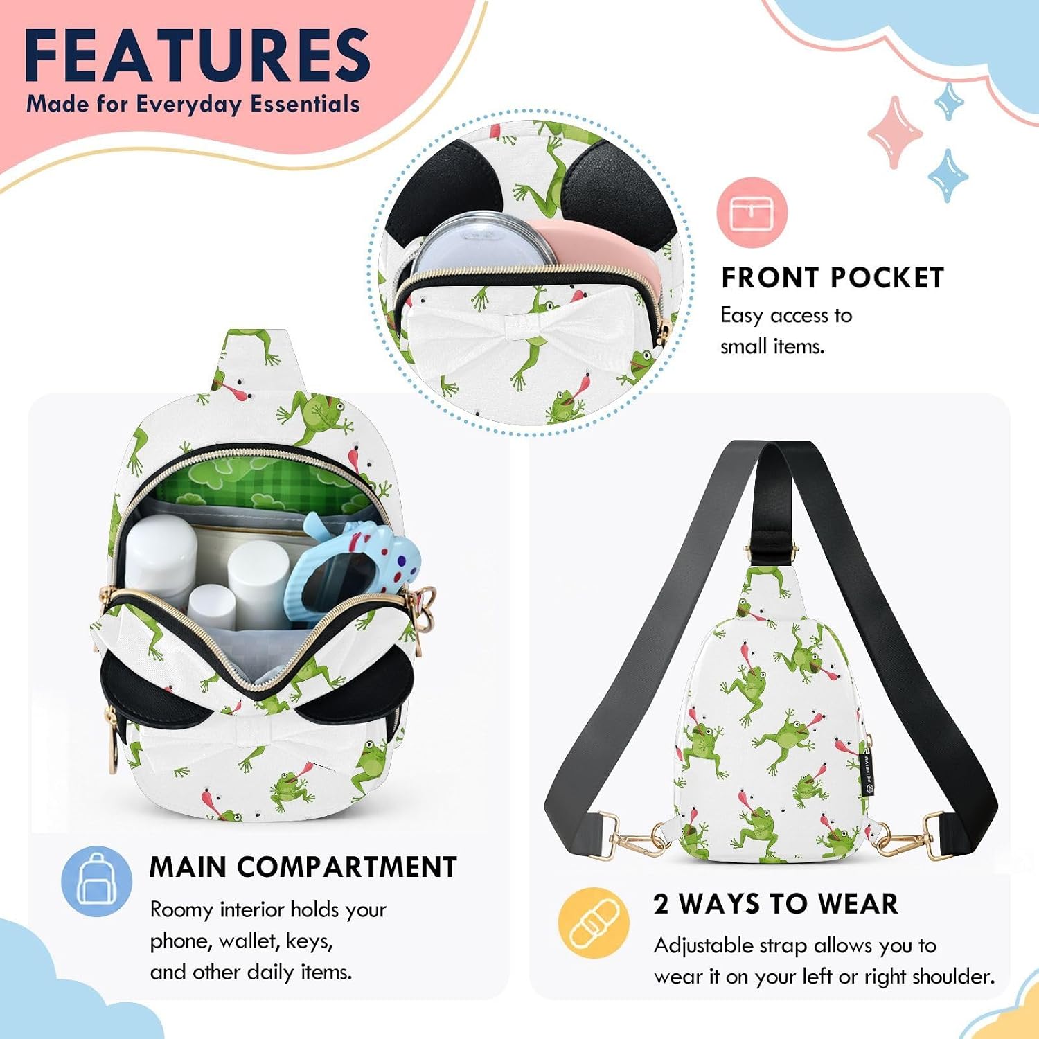 Sinestour Frogs Kids Crossbody Bags for Girls, 7.5x3.1x5.7Inches | Crossbody Fanny Pack, Toddler Purse, Cute Sling Belt Bag with Ears, 2L Small Shoulder Chest Bag for Travel