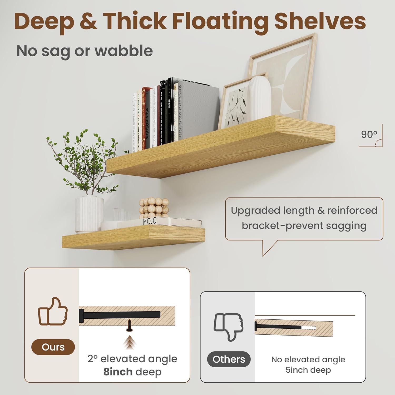 72 Inch Floating Shelves for Wall, 8 Inch Deep Floating Shelf for Storage & Display, Rustic Wall Mounted Shelf with Invisible Brackets for Living Room, Kitchen, Bathroom, Home Decor, Set of 2, Oak