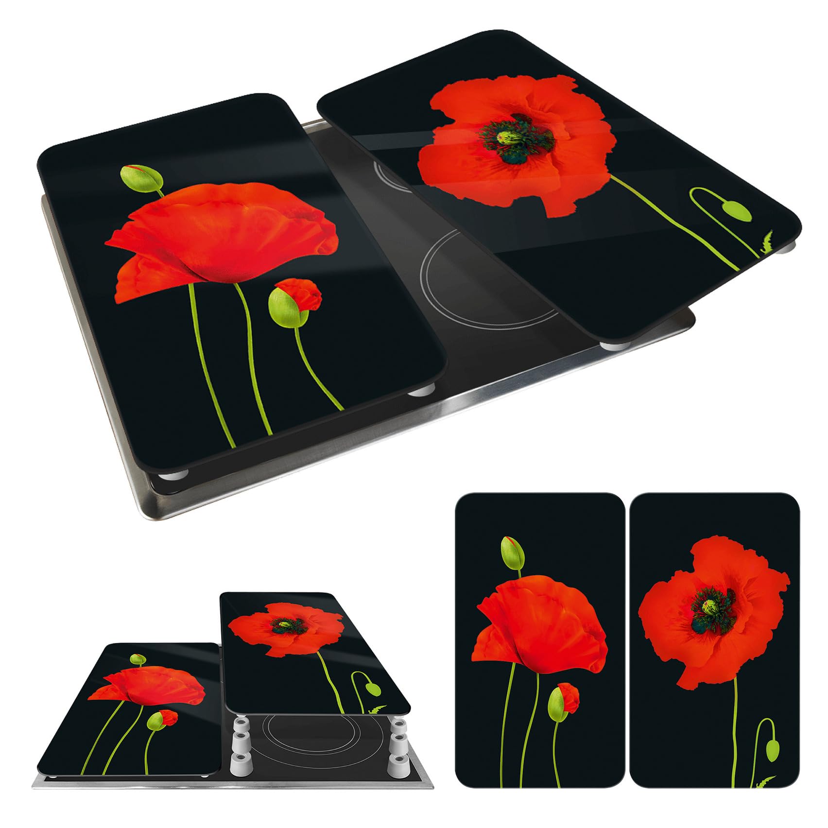 WENKO Plaque de Recouvrement Universelle Mod. Coquelicot, réglable en hauteur pour tout type de cuisinière, planche à découper et protection anti-éclaboussures, verre, 30 x 52 cm, 2 pièces