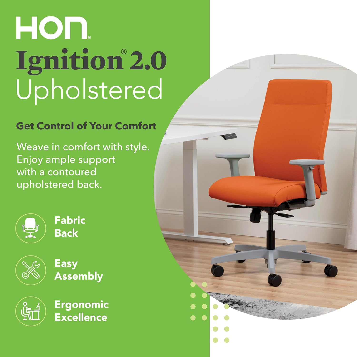 HON Ignition 2.0 Ergonomic Office Chair with Adjustable Arms, Standard Synchro‑Tilt Recline, Upholstered Desk and Computer Chair for Home Office or Workstation, Titanium Frame, Apricot