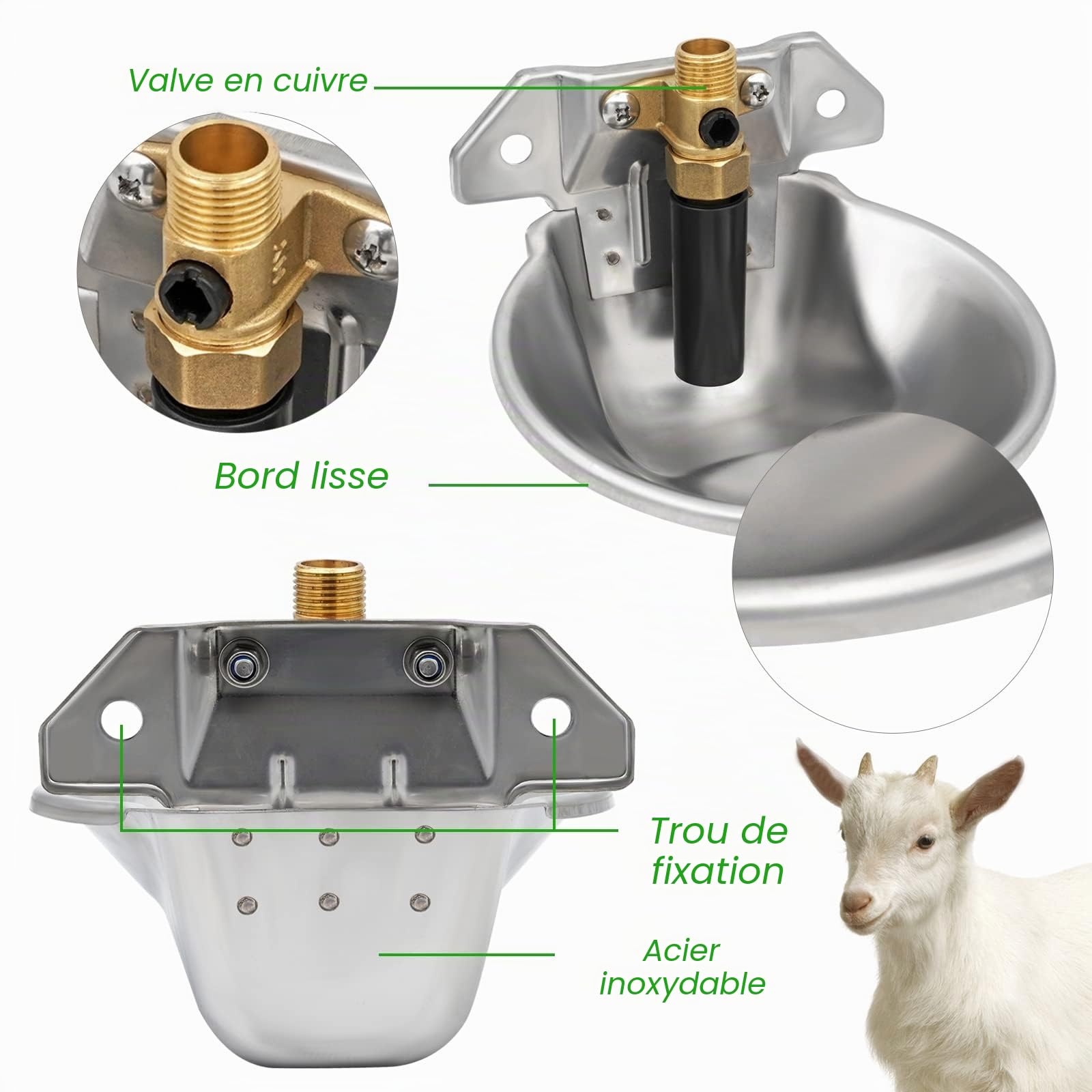 Abreuvoir Automatique en Acier Inoxydable pour Moutons et Chèvres, Robinet en Cuivre Intégré, Convient pour Veaux, Porcs, Porcelets et Chiens