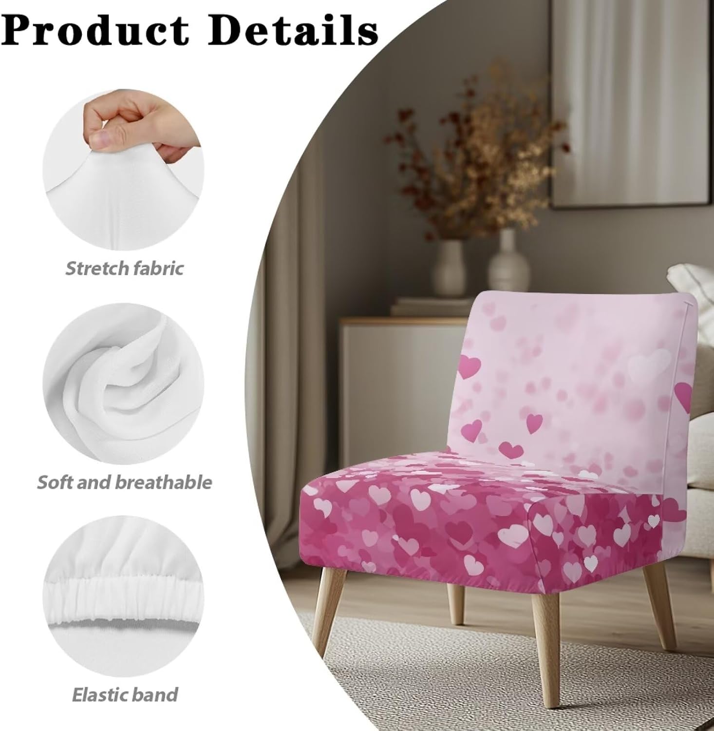 Merkmak Armless Accent Chair Cover with Elastic Band No Arms Single Sofa Chair Cover Valentine's Day Pink Heart Print Couch Seat Slipcover Without Arms for Living Dining Room