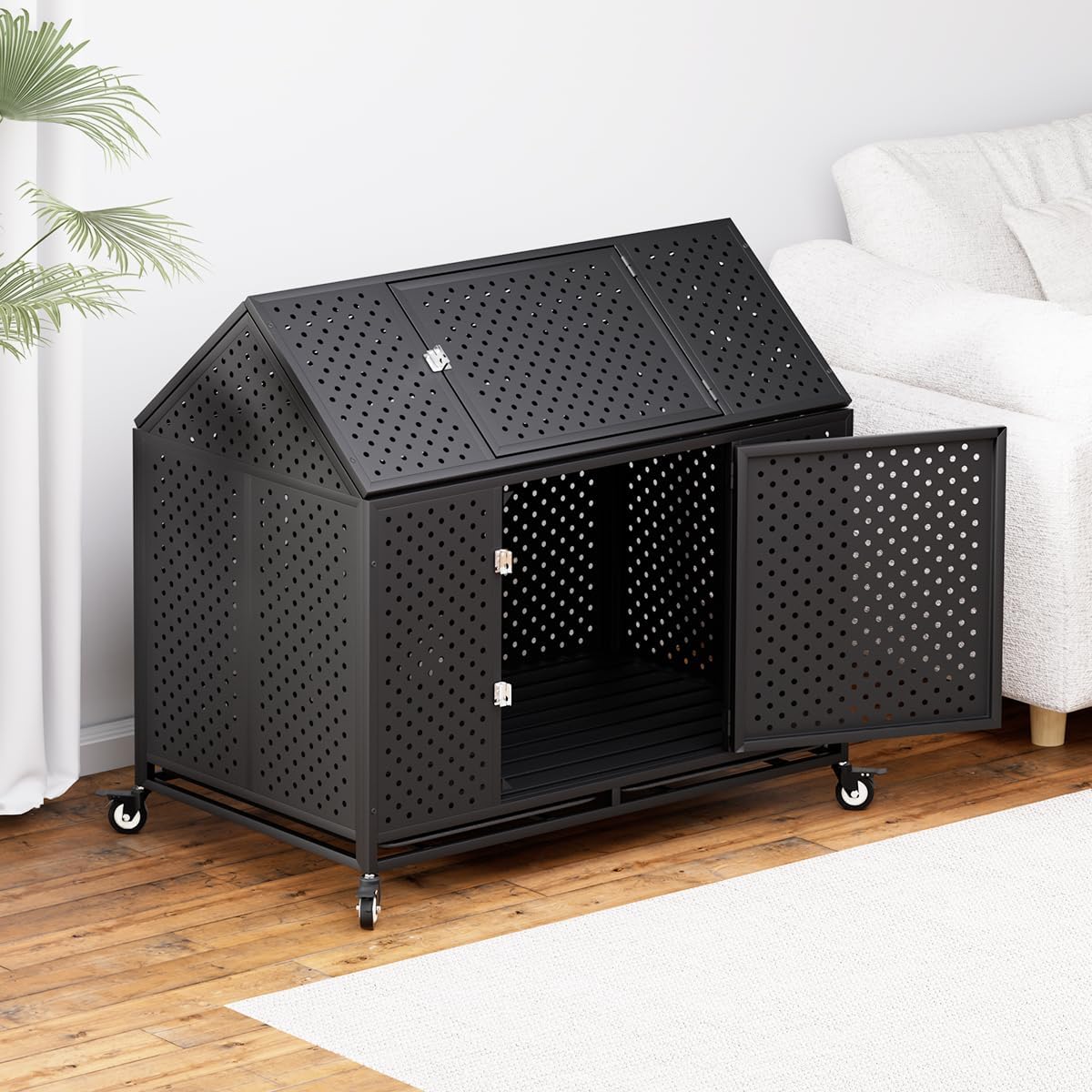 42" Heavy Duty Dog Crate Large Dog cage Strong Metal Dog Kennels and Crates for Large Dogs Top Open with 2 Doors 4 Lockable Wheels 2 Removable Trays