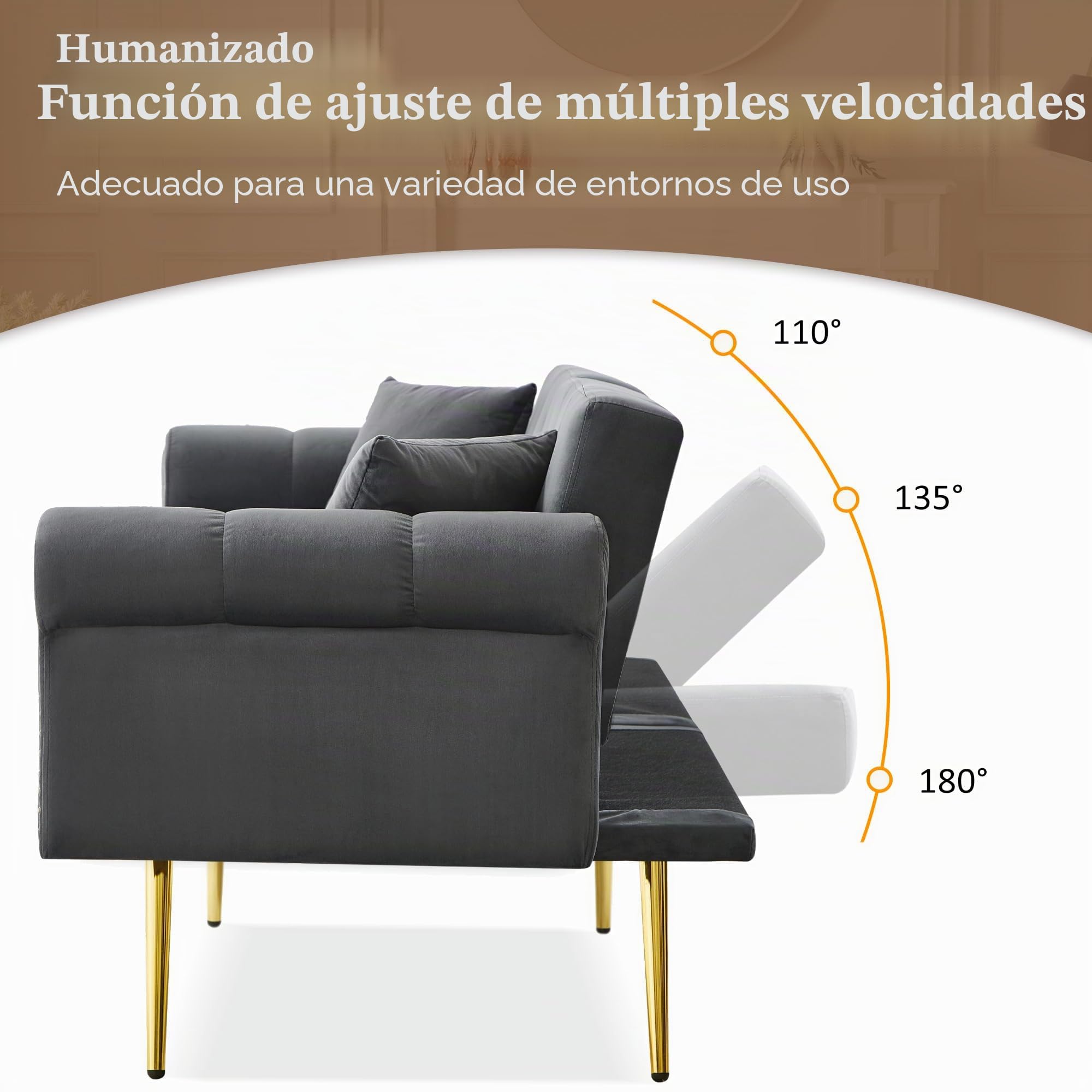 Sofá cama moderno de 2 plazas, funda de terciopelo, respaldo ajustable en 3 niveles, patas doradas, elegante dormitorio, ahorra espacio, resistente (gris)