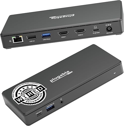 Estación de acoplamiento USB-C Plugable Dual 4K 60Hz HDMI, carga de 65W, Gigabit Ethernet, 1x USB-C 5Gbps, 3X USB-A, Audio, Windows/ChromeOS,