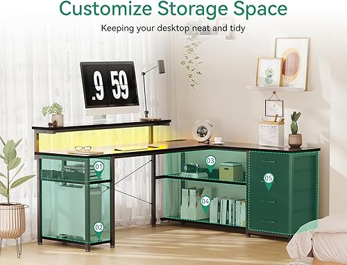 Miniatura 4 de AODK Escritorio en forma de L de 53 pulgadas con cajón, escritorio para computadora con tomas de corriente y luces LED, escritorio de esquina