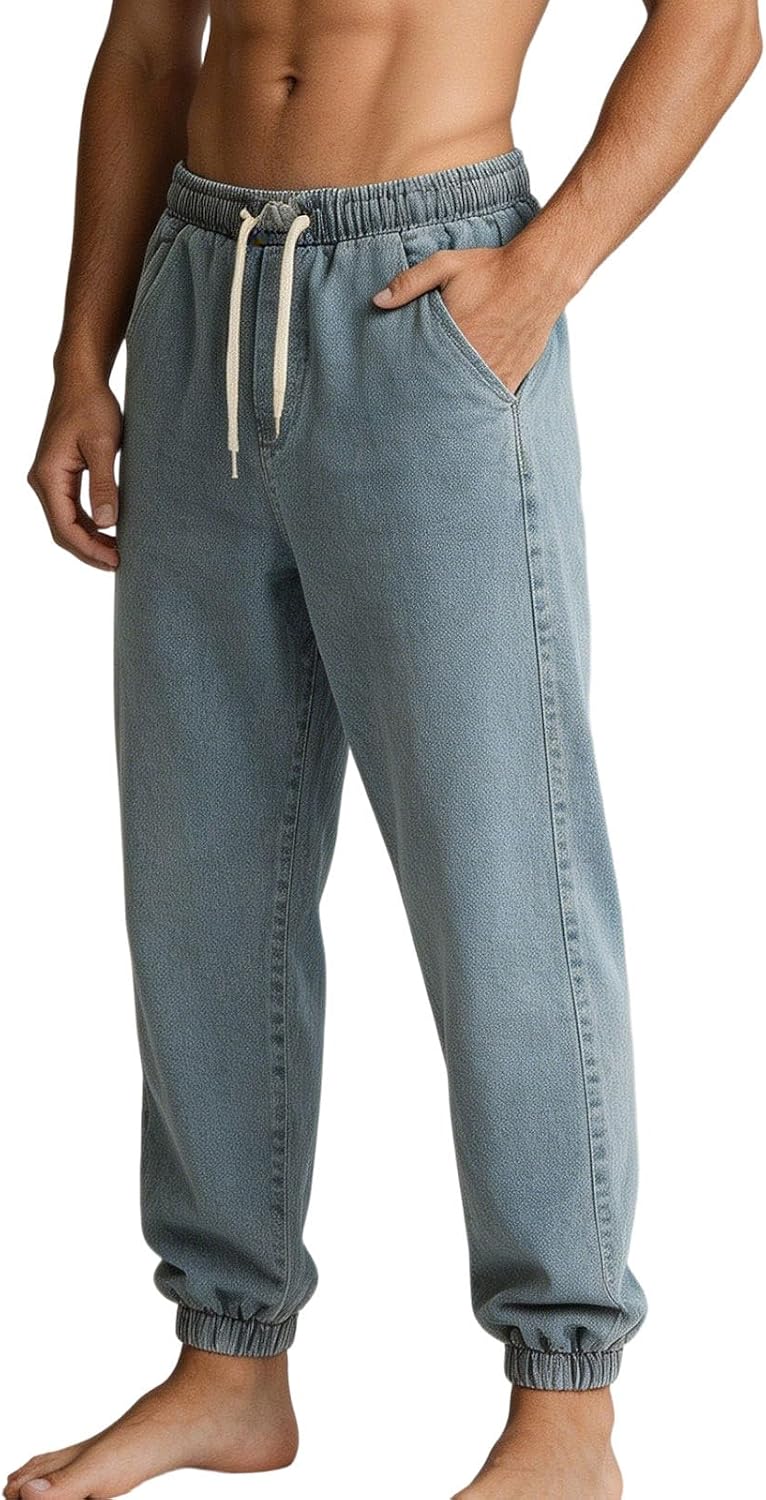 Mens Denim Joggers Drawstring Elastic Waist Pull On Pants Loose Tapered Ankle Jeans Baggy Jean Sweatpants