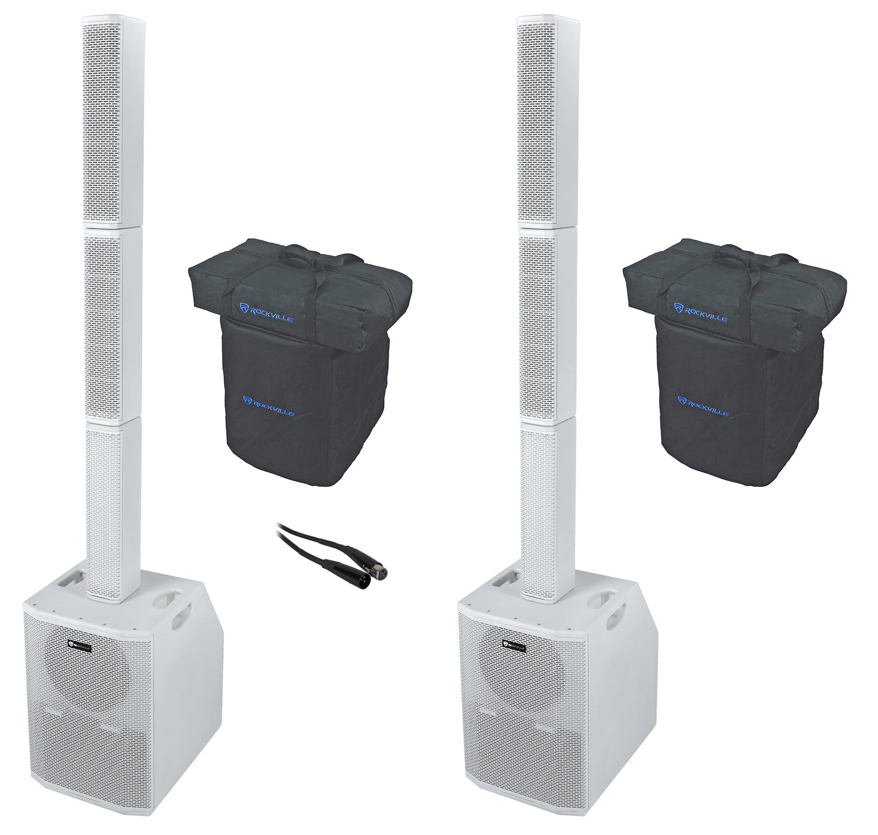 Rockville Titan Array System V2 White Bundle: 10" 3200W Peak Powered Column Speakers, Dual Subs, RCXFM20E-B 20' Female to Male XLR Mic Cable Black 100% Copper, 3 Items