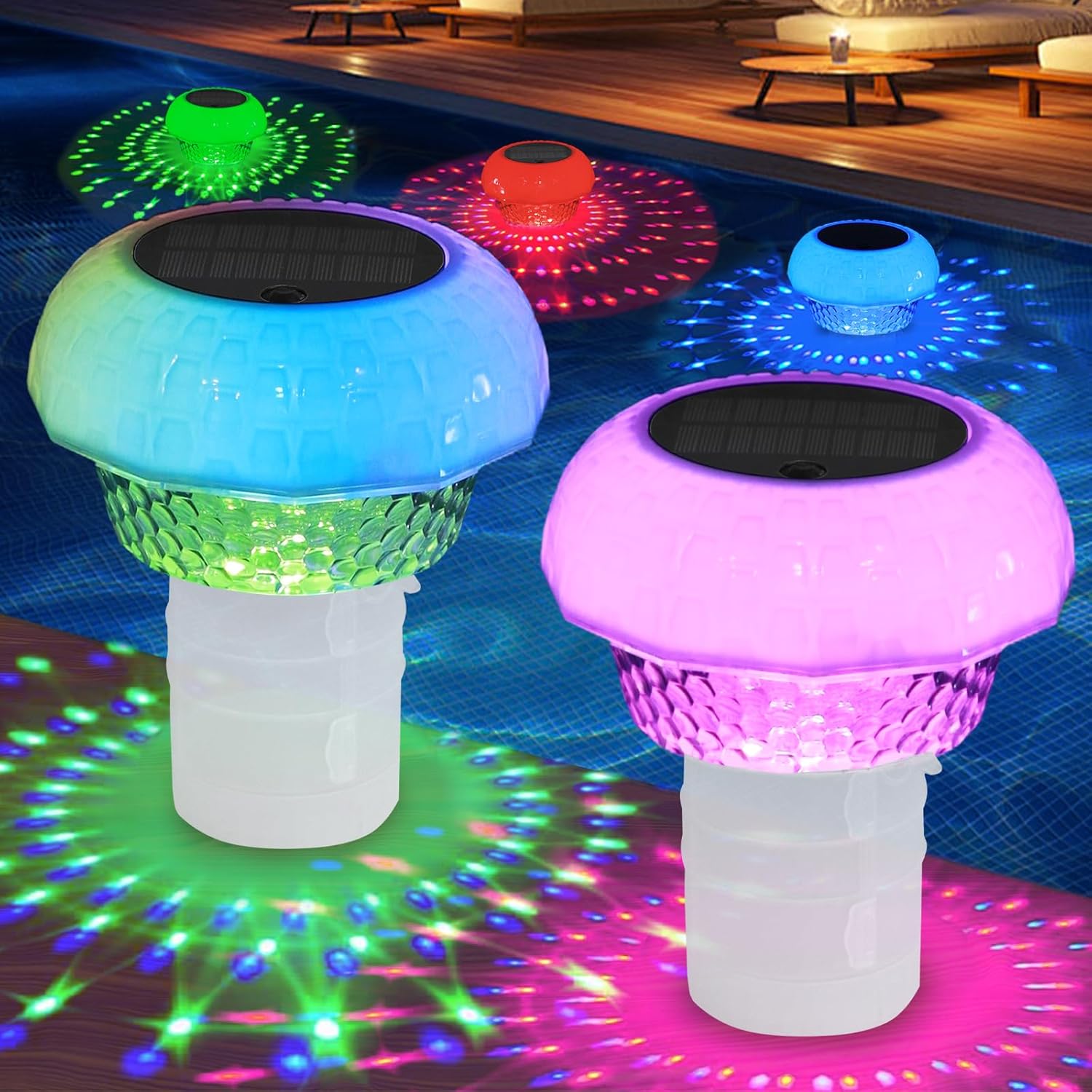 2-Pack Solar Pool Chlorine Tablet Floater with Colorful Projection Lights and Remote Control, HAARAY Adjustable Release Floating Chlorine Dispenser Tablet Holder for Pool Spa Hot Tub Fits 3" Tablets