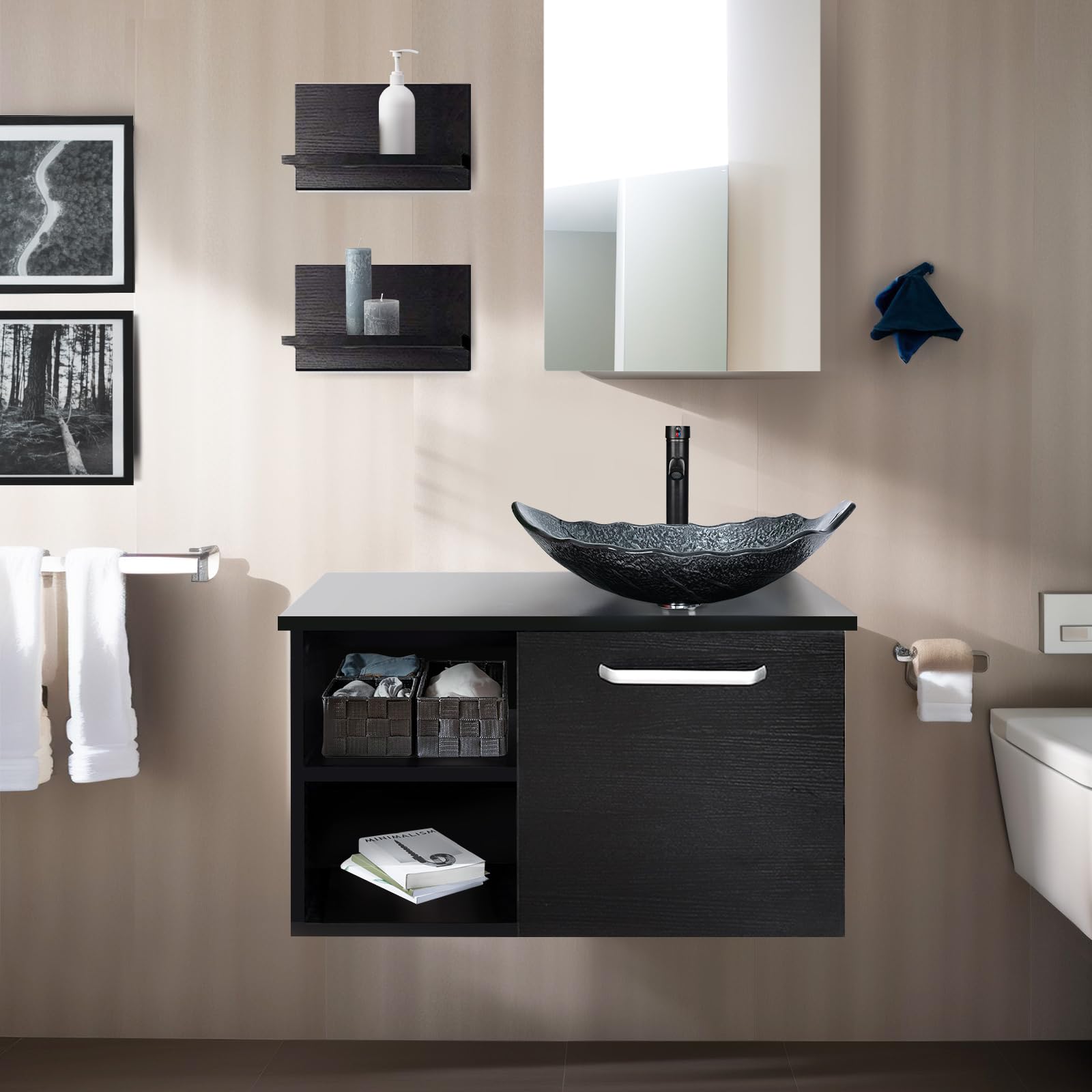 YU YUSING Juego de Muebles de baño, Armario para Debajo del Lavabo, Armario baño con Espejo, 2 estantes Pared, Juego Grifo (Plata)