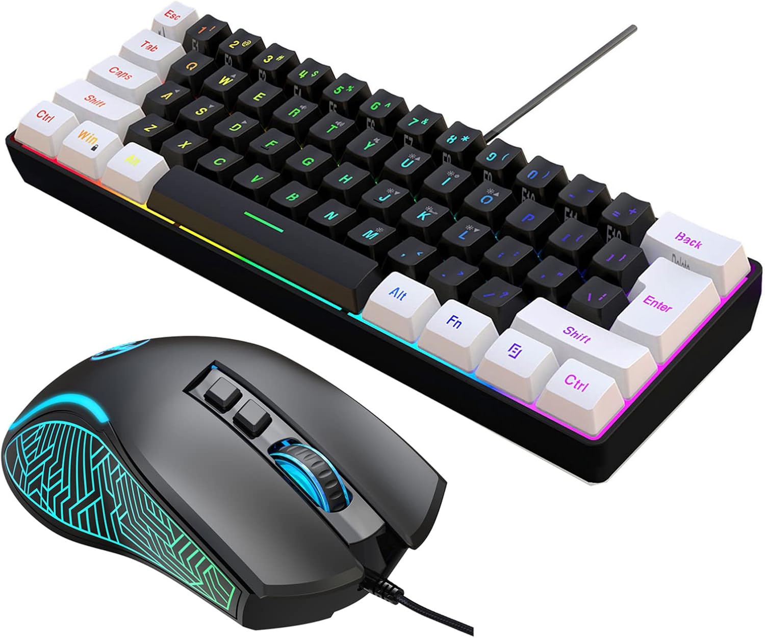 V700BW+X100 USB Computer Keyboard and Kit with 61-Key Wired RGB Back + Wired Gaming Colorful LED 4-Level Movement Speed Max.0DPI for PC Lap