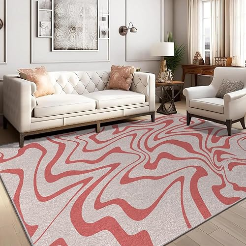 Trippy Abstract Area Rug 3x4ft CreamyPink Rug Soft Thin Funkypsychedelic Wavy Swirl Living Room Rugs, 70S Retro Washable Carpet for Kitchen Entryway