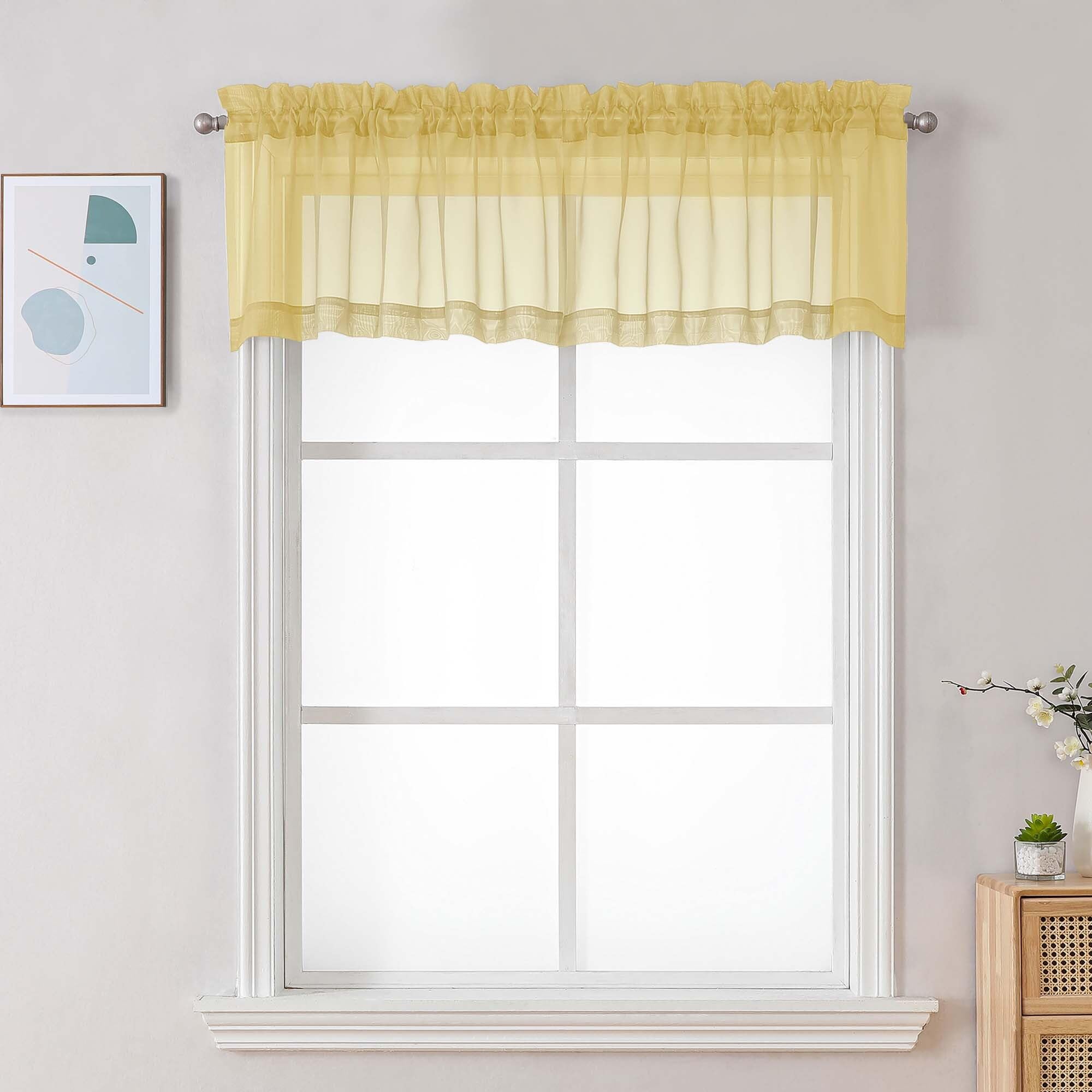 Chyhomenyc Mustard Yellow Sheer Valances for Windows - Light Filtering Small Kitchen Curtains, Short Top Window Treatment Decor for Living Room Bathroom Basement, 42Wx16L inches, 2 Panels