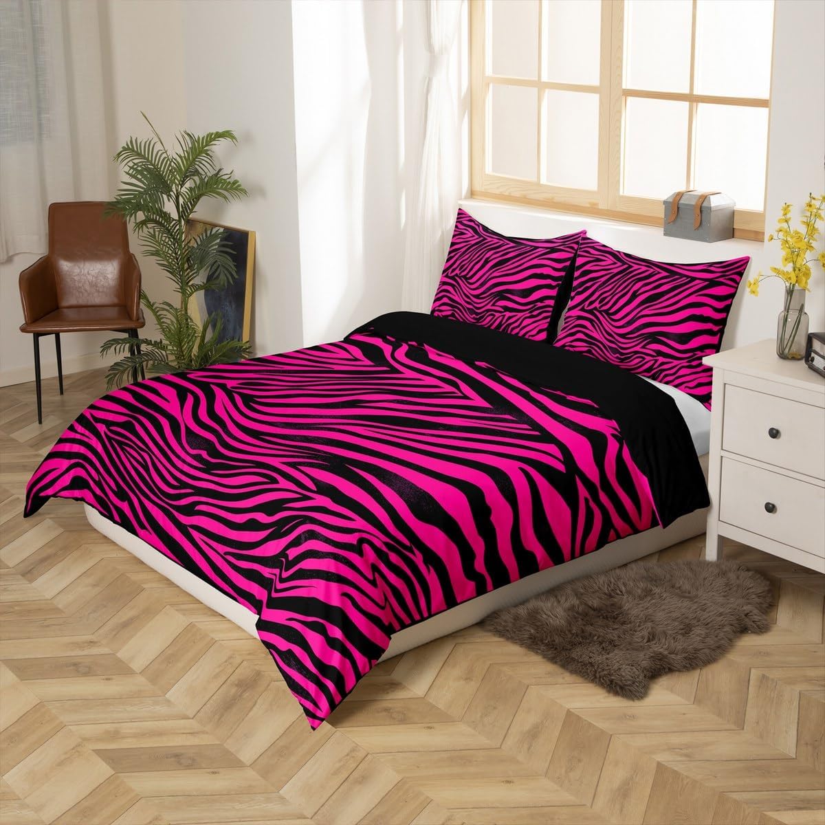 Feelyou Zebra Bedding Duvet Cover Set Full Size Animal Print Bedding Set for Kids Boys Girls Decor Hot Pink Comforter Cover Set Microfiber Abstract Art Bedspread Cover Bedroom Stripes Bedclothes