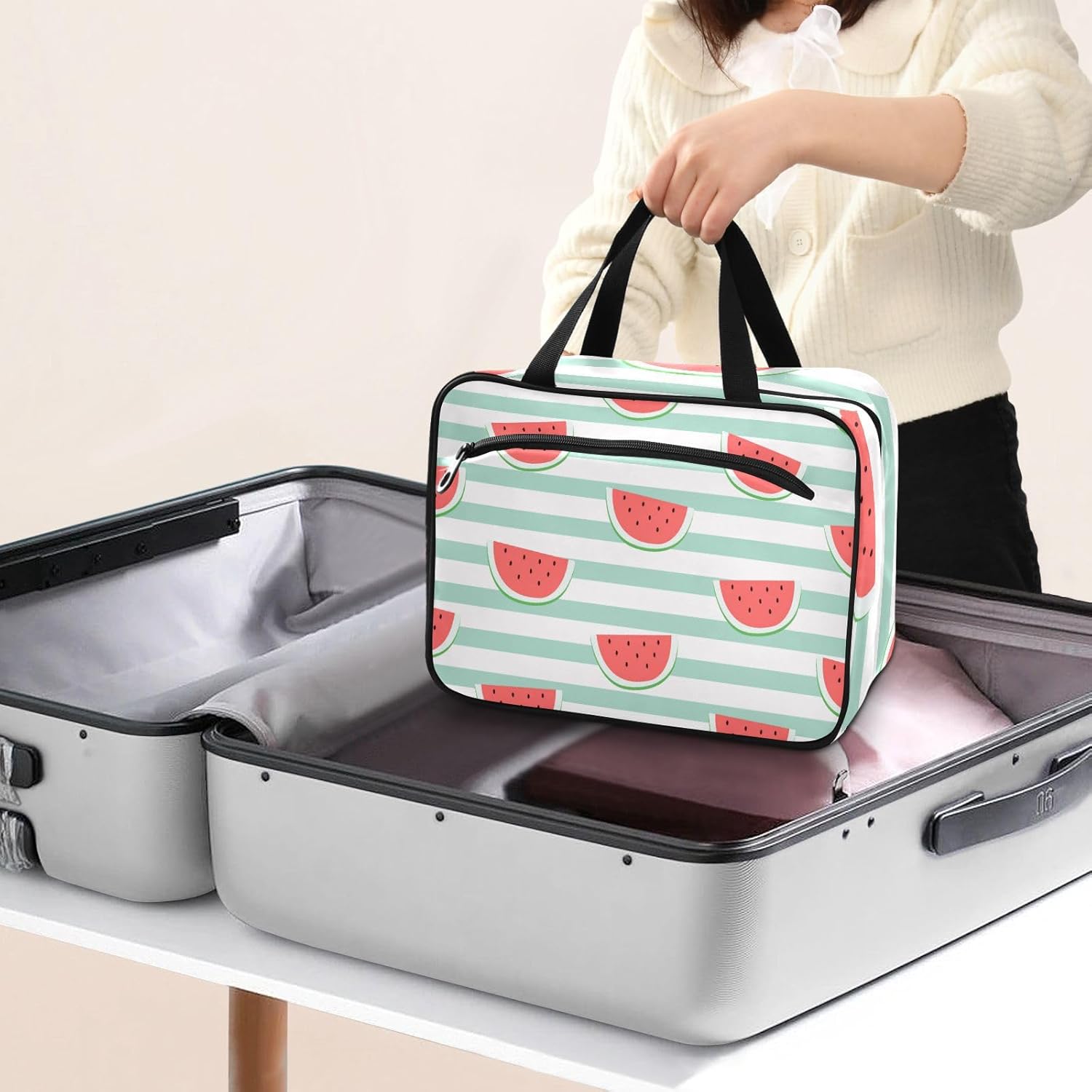 senya Toiletry Bag Travel Bag with Hanging Hook Cute Red Watermelon Slice Makeup Cosmetic Bag Travel Organizer Water-resistant for Toiletries Accessories Shampoo Full Sized Container,L